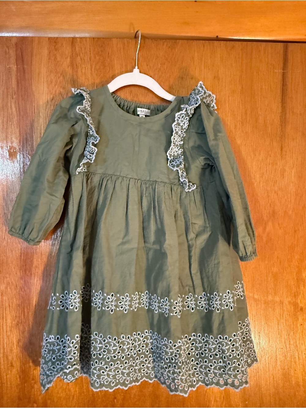 Olive Green w/ Blue Lace-Trim Girls Dress